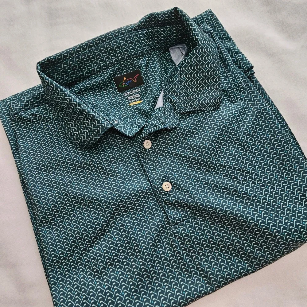Greg Norman Play Dry Golf Polo Shirt Mens‎ XXL Teal Golf Club Print Performance